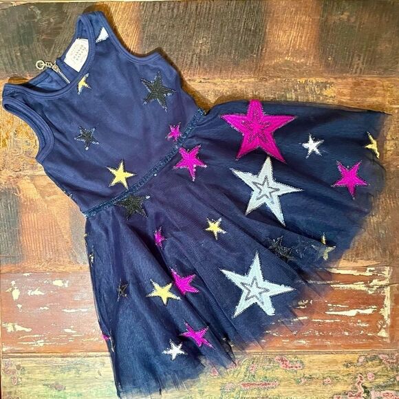 Hannah Banana Navy Blue Sequins and Multicolored Stars Tulle Layered Dress